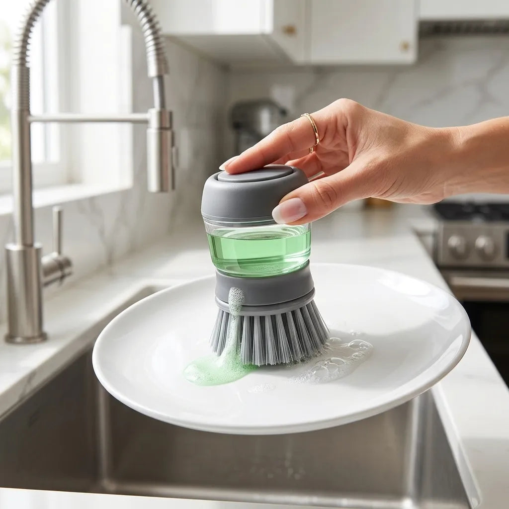 Brosse vaisselle distributrice de savon en utilisation