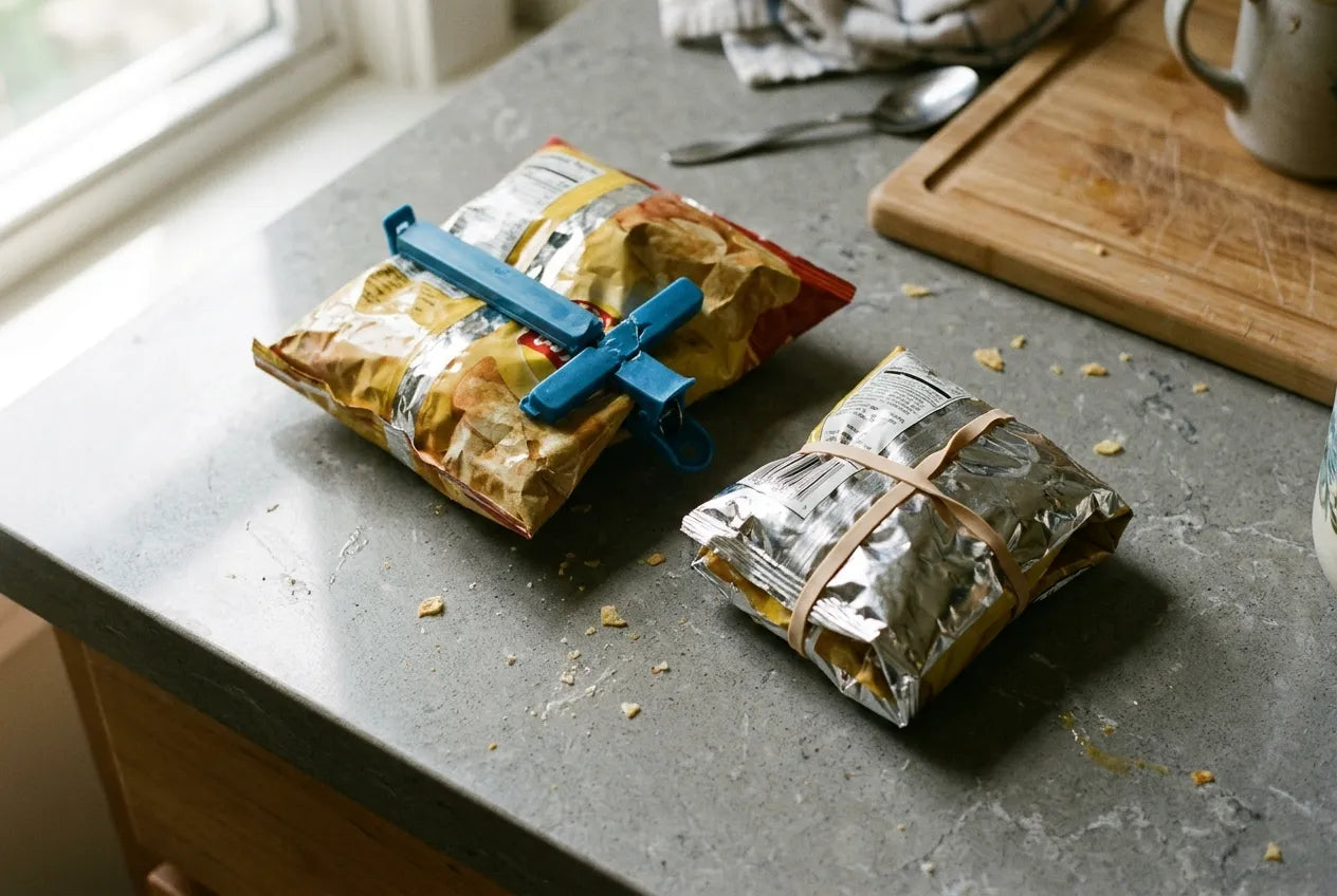 Sans SealPod : sachets rassis et pinces cassées