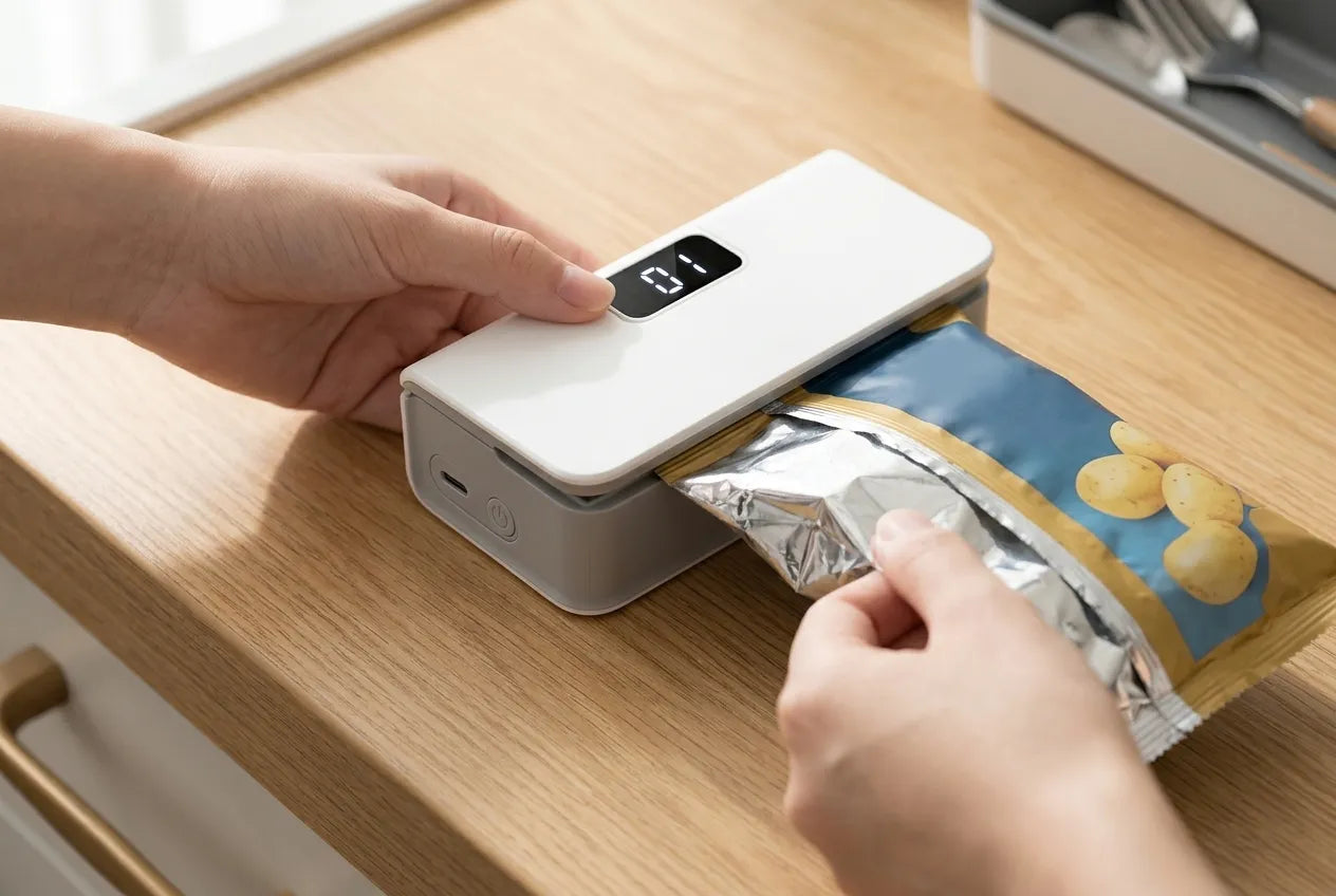 Mains scellant un sachet de chips ouvert avec SealPod