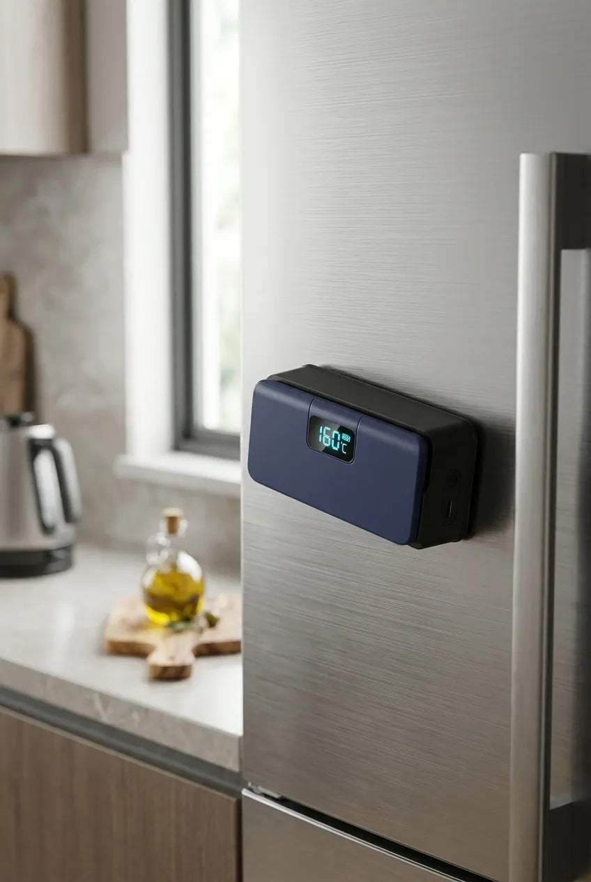 SealPod fixé sur la porte d'un réfrigérateur en inox (Bleu)